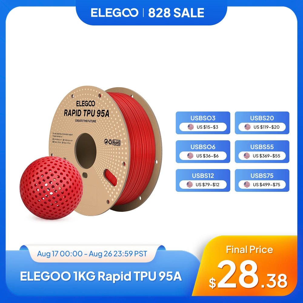 ELEGOO Rapid TPU 95A 3D Printer Filament 1.75mm 1KG High Speed TPU Filament White Red Black Silicone Hardness for Most FDM 3D Printer