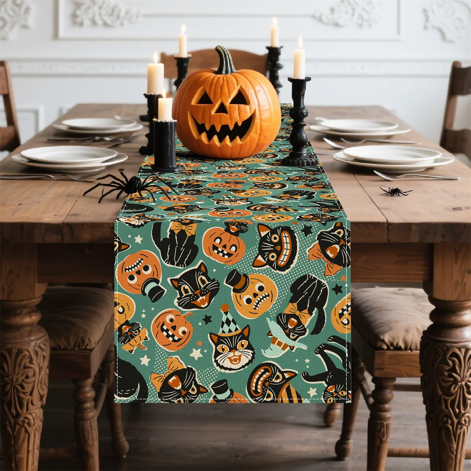 Vintage Halloween Table Runner, Retro Black Cat Jack O Lantern Print, Teal Background Holiday Dining Table Decor
