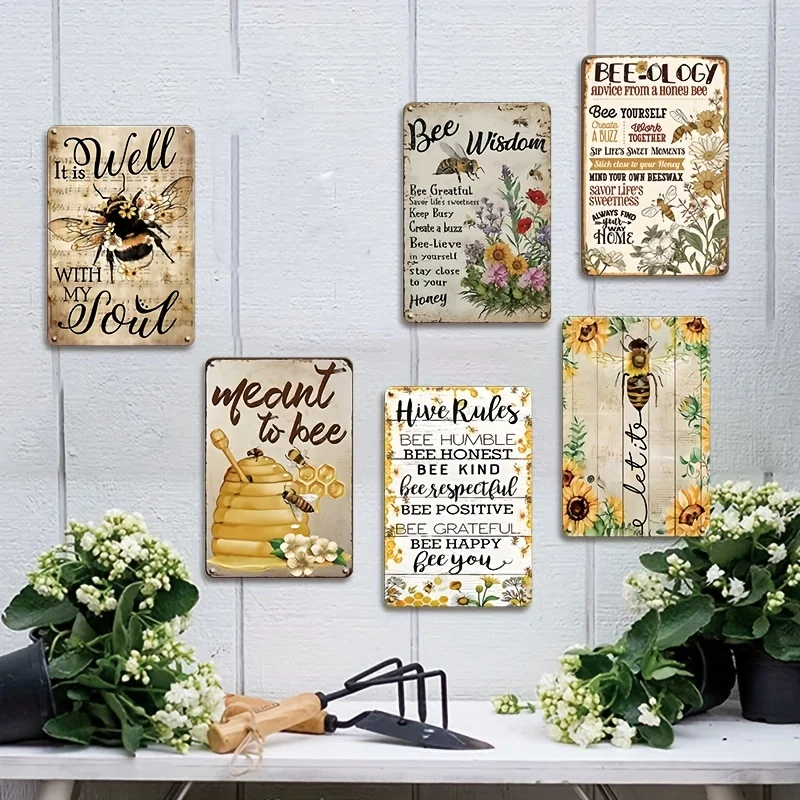 مجموعة لافتات قصدير عسل النحل المعدنية العتيقة: نصيحة علم النحل القديم من ديكور حديقة النحل العسل - 6 قطع، 30.48 × 20.32 سم، جدار أ #4
