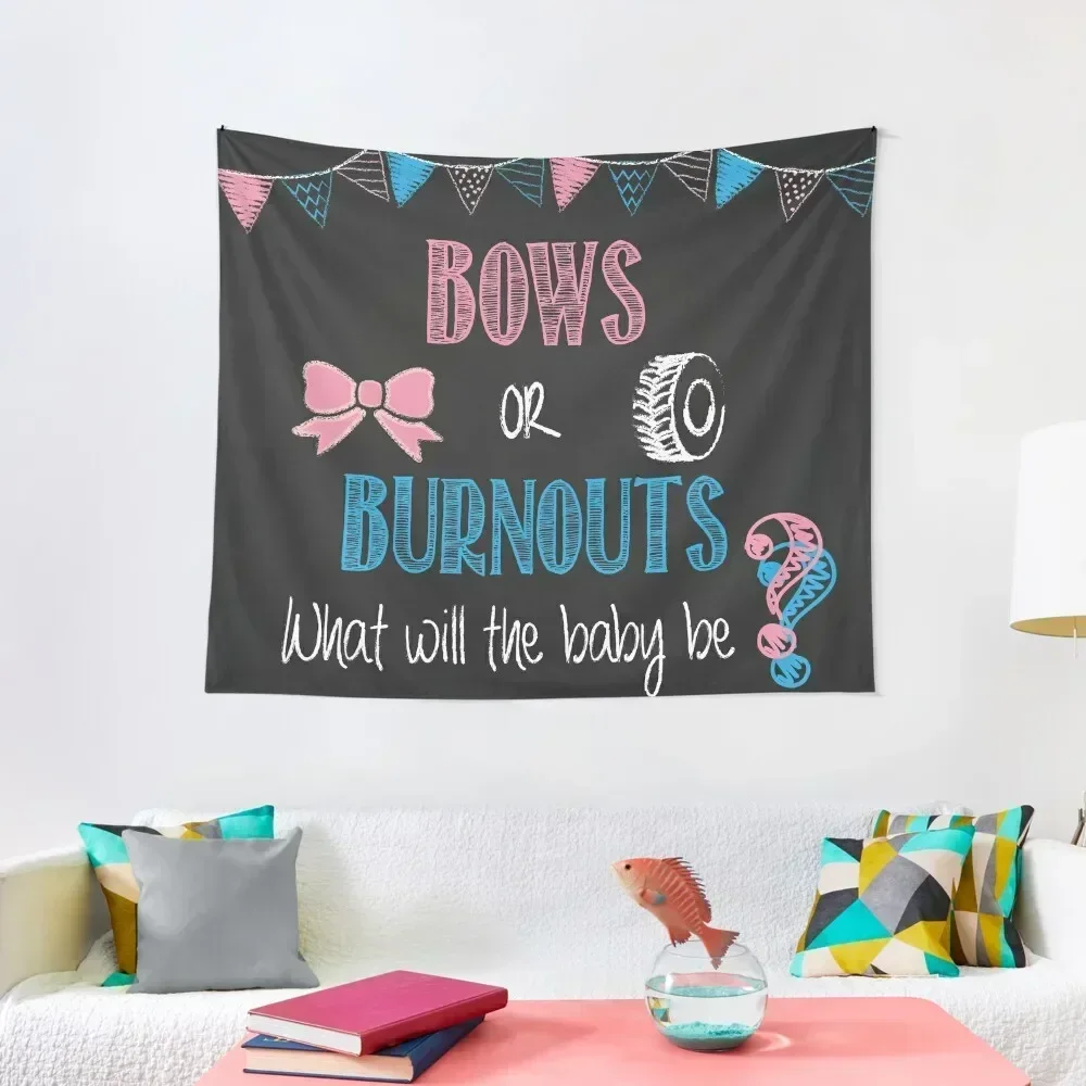 

burnouts or bows gender reveal, party backdrop banner Tapestry For Bedroom Decoration Bedroom Tapestry