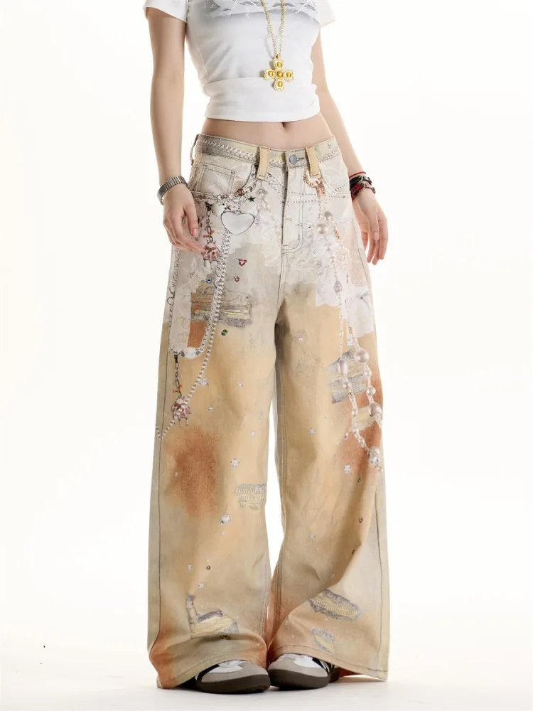 

Women's Orange Casual Jeans Cargo Baggy Y2K Aesthetic Harajuku Streetwear 2000S Retro High Waist Wide Leg Jeans Pants Clothing