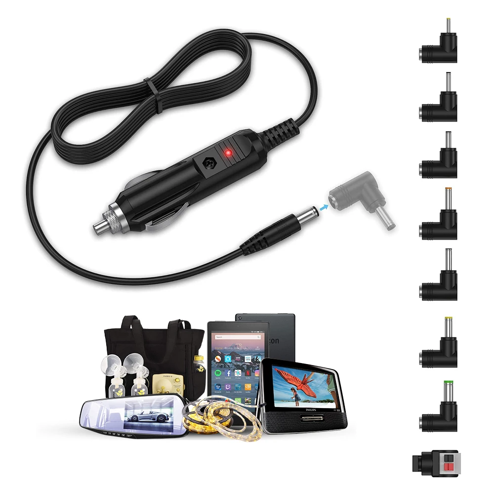 24W 12V Universal Car Charger Power Cord for Portable DVD Player, GPS, Snailax Seat, LED Light with 8 DC Adapters