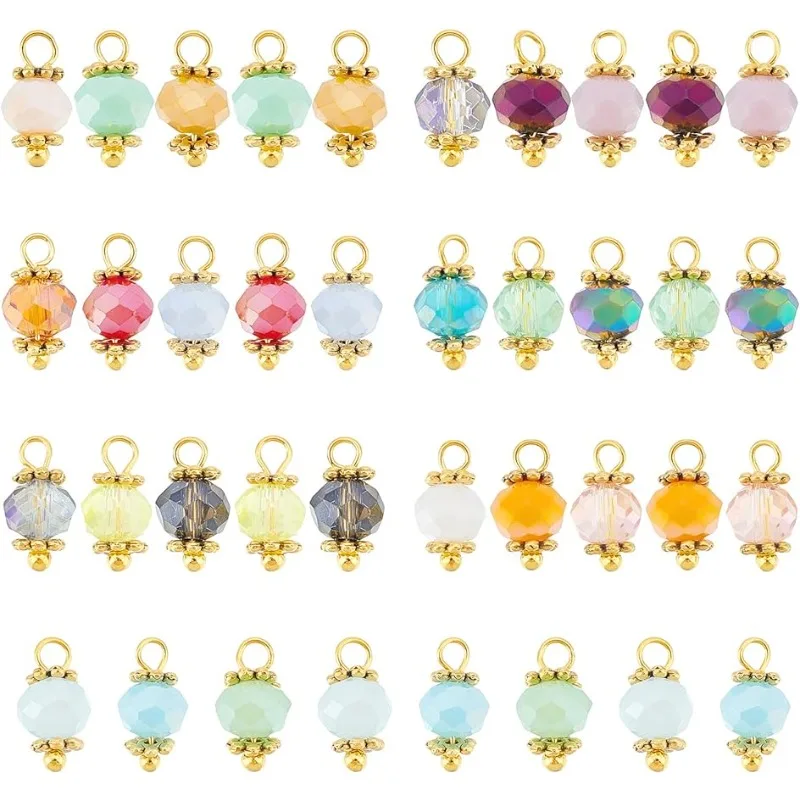 140pcs Faceted Rondelle Beads Pendants 7 Color Electroplate Faceted Glass Pendants Small Crystal Dangle Charms Pendants for DIY