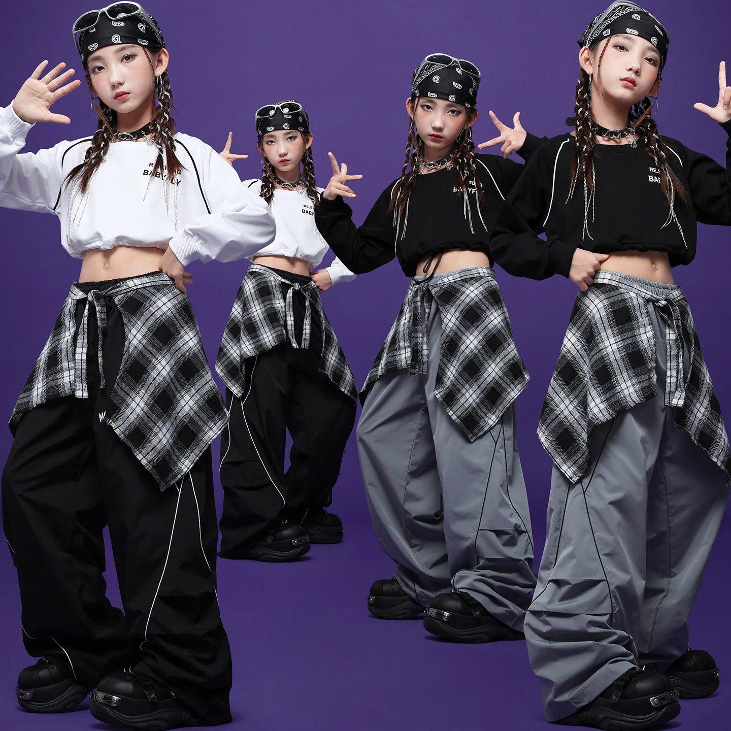

Kid Kpop Hip Hop Clothing White Black Crop Top Long Sleeve Sweatshirt Street Line Parachute Pants for Girl Dance Costume Clothes