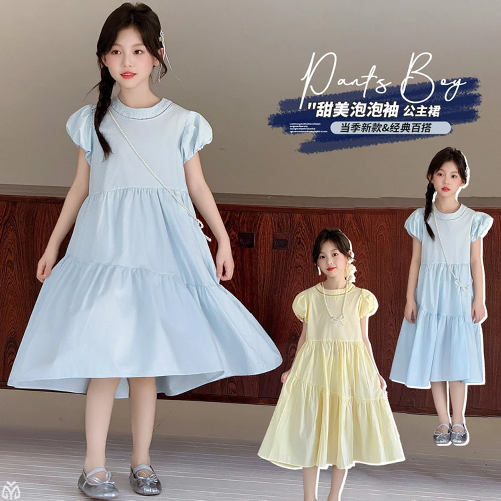 Yellow blue 4-14 junior kids princess long dresses summer cotton Round neck bubble sleeves party teen girls dress child clothes