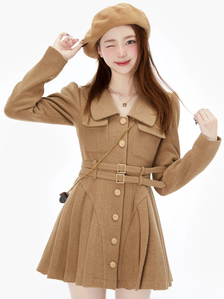 France Vintage Party Mini Dresses Women Korean Style Elegant Pleated Dress Female Warm Sweet Retro Dress Coat Autumn Winter 2022