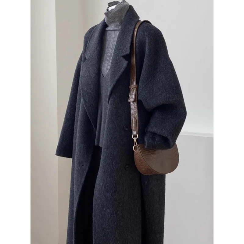 Damen Wollmantel, zweireihig, Basic, locker geschnitten, Retro, neu, lang, doppelseitig, Damen-Überziehmantel, Herbst-Winter, Damenmantel – Detail 4