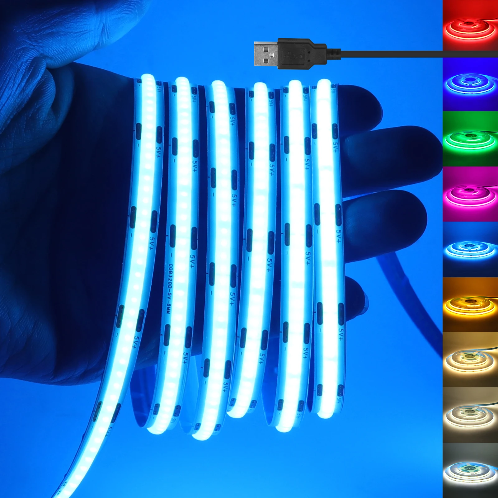 DC 5V COB LED Strip USB 320LEDs/m Flexible LED Tape 3000K 4000K White/Red/Green/Ice Blue Ribbon Diode DIY TV Backlight