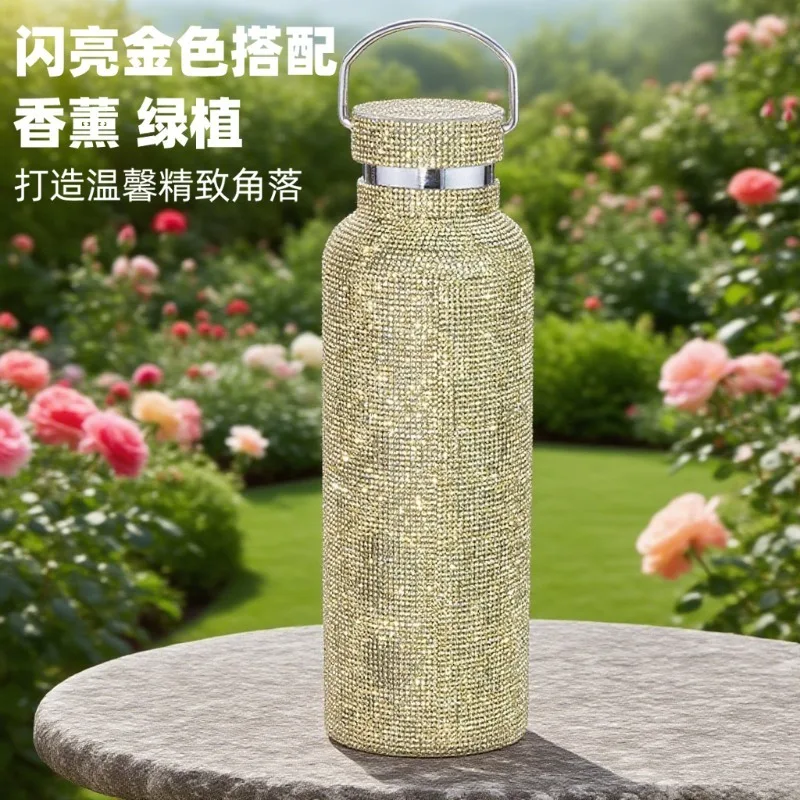 Rhinestone Studded Stainless Steel Water Bottle With Chain Strap Portable Insulated Sports Drink Flask