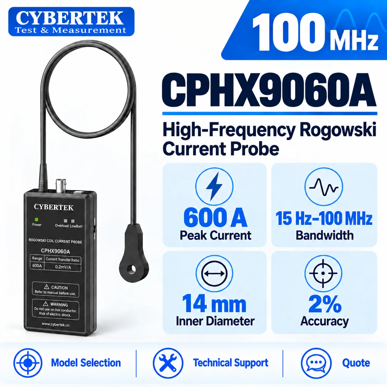 CYBERTEK CPHX9000A 100MHz Open Rigid Rogowski Current Probe, 14mm Aperture, SiC/GaN, ±2% Accuracy, Oscilloscope Probe CPHX9012A