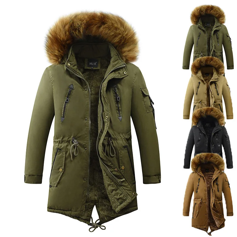 

Модная городская мужская хлопковая куртка с капюшоном, на флисовой подкладке, утепленная, с большим меховым воротником, в стиле милитари, зимнее пальто