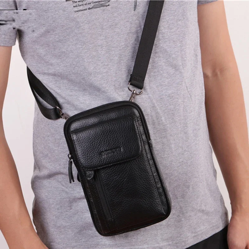 New Small Cross Body Fanny Messenger Shoulder Belt Waist Bags Fashion Purse Cover Pouch Men Genuine Leather Cell Phone Case Bag