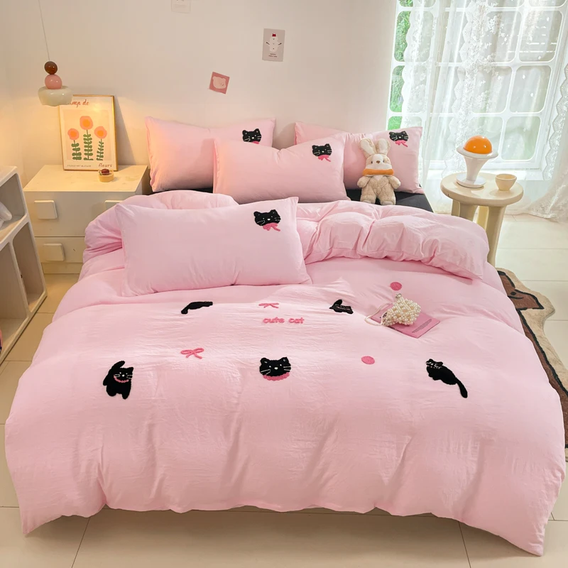 Korean Style Pink Bedding Set Black Cat Embroidery Washed Cotton  Duvet Cover Cute Cardboard  Bed linen Comforter Sets