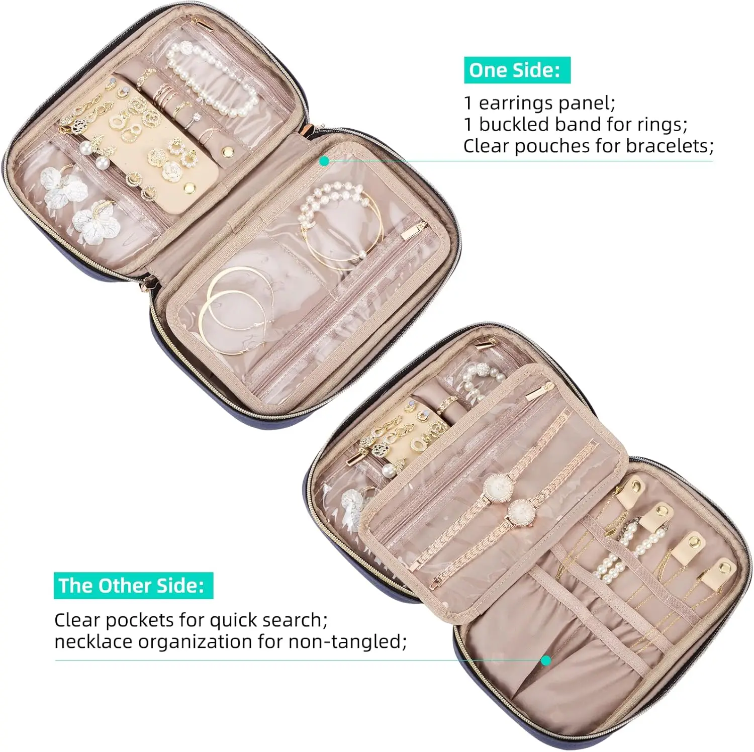 Travel Jewelry Case, Holiday Organizer for Necklaces, Earrings, Rings, Bracelets, Watch, Aegean-Blue