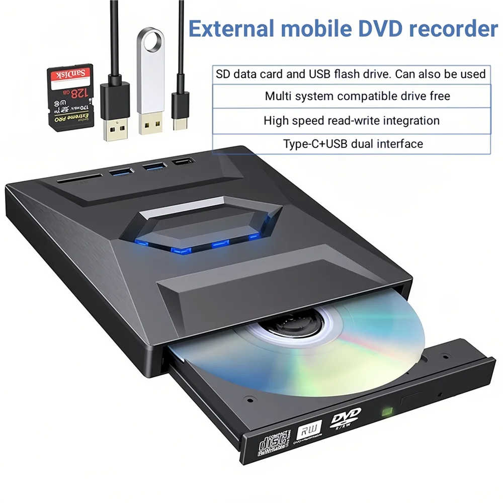 USB 3.0 Typ C Externes CD-DVD-Laufwerk mit USB HUB Typ-C SD-Kartenleser, CD DVD RW ROM Disk Player Brenner Leser Writer Adapter – Detail 7