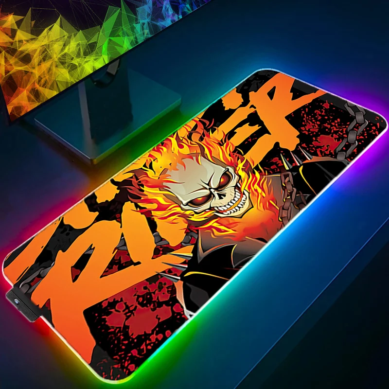 Ghost Rider RGB LED Mouse Pad Large Gaming Locking Edge MousePad Keyboardpad Decoracion Desk Mat Computer Gamer Accessories