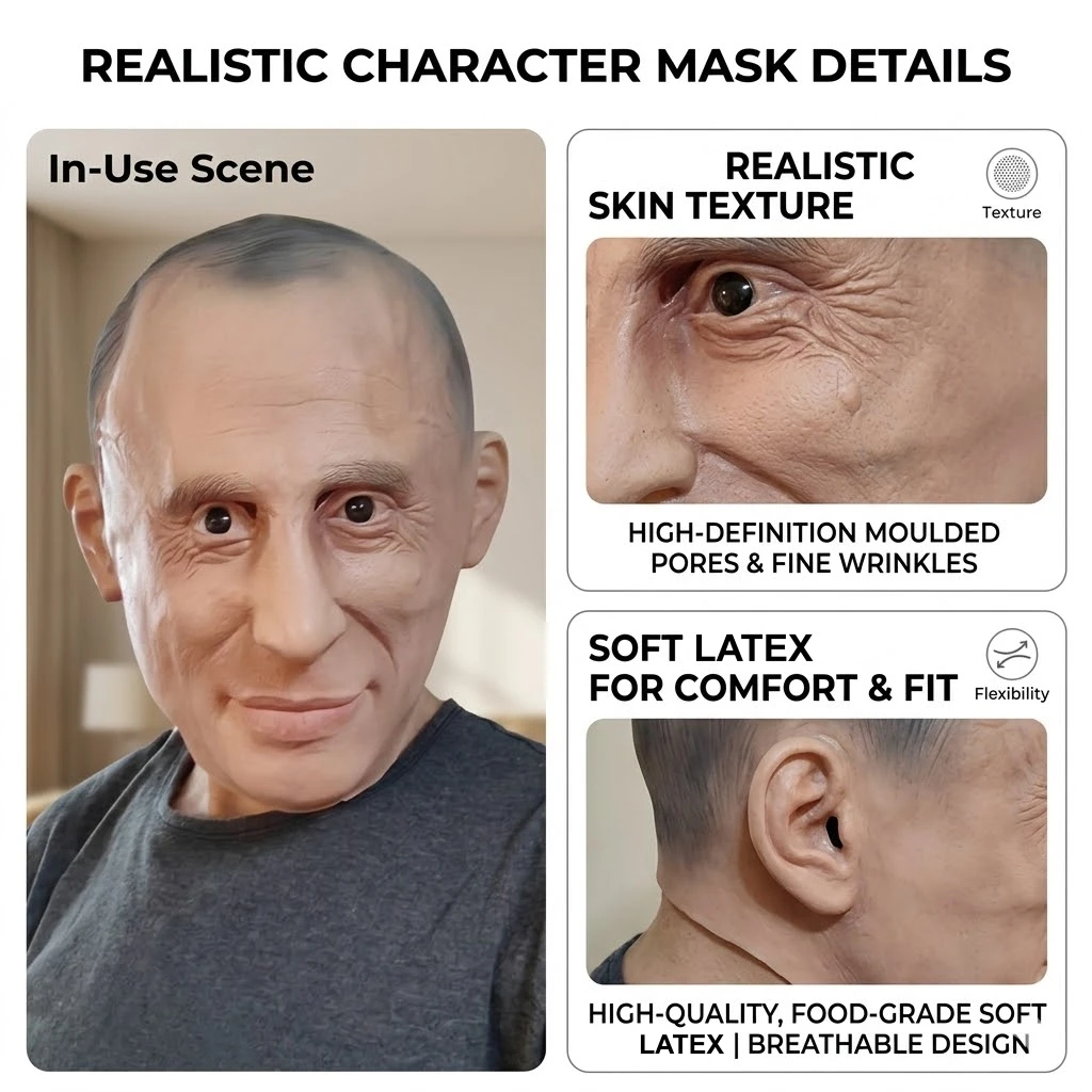 Putin Latex Mask Full Face Premium Quality Costume Prop For Figure Role Play Halloween Parties Drama Performances Head Cover view 6
