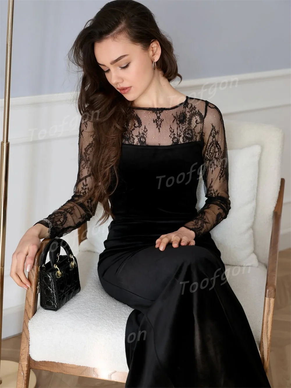 Toofgon Formal Black Lace Satin Evening Dresses Sheer Long Sleeves Mermaid Femininos Backless Prom Party Gowns Customized