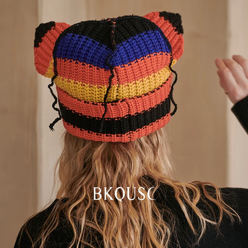 BKQUSC Knitted Cute Cat Ear Beanies for Women Winter Warm Thick Striped Knitting Bonnet Cap Female Big Head Skullies Beanies Hat