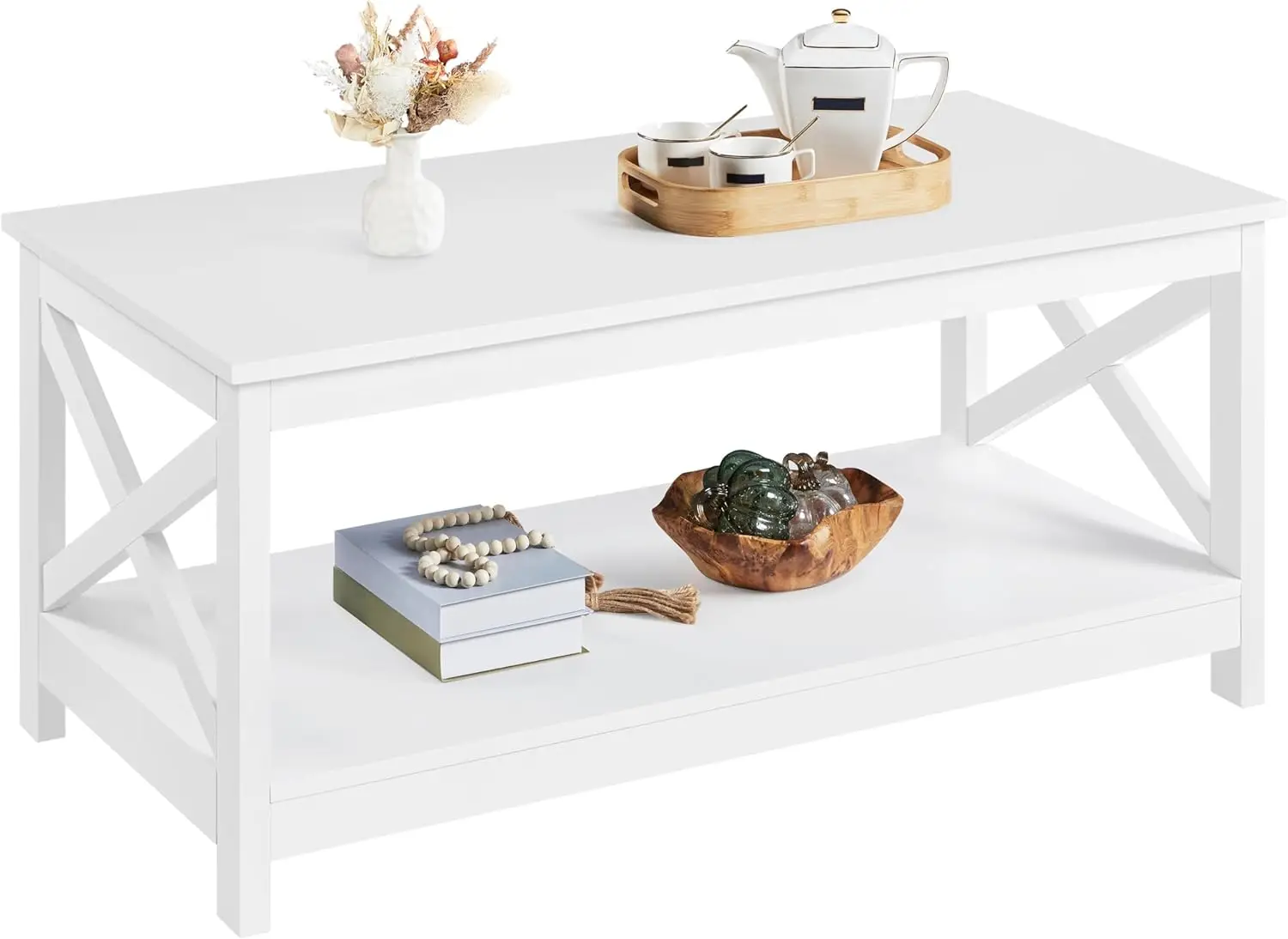 

Wood 2-Tier White Coffee Table with Storage Shelf for Living Room X Design Accent Cocktail Table Simple Design Home Furniture