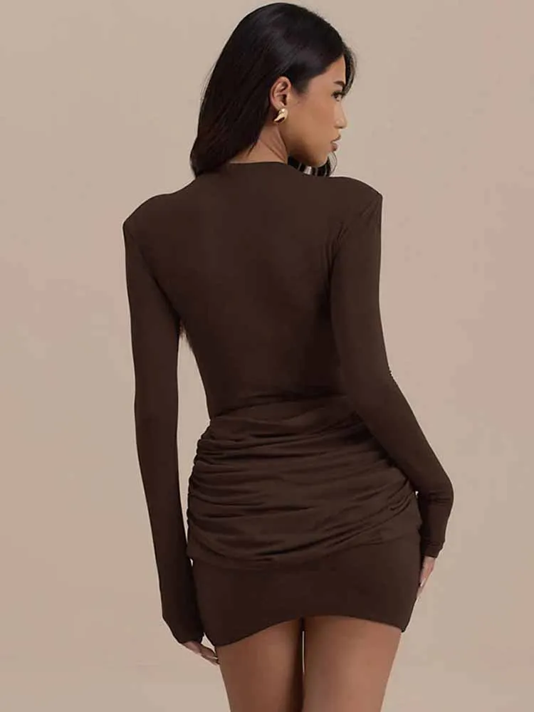 BKQU 우아한 주름 미니 드레스 여성 섹시 기본 O넥 긴팔 풀오버 바디콘 이브닝 파티 랩 드레스 2025 가을 겨울