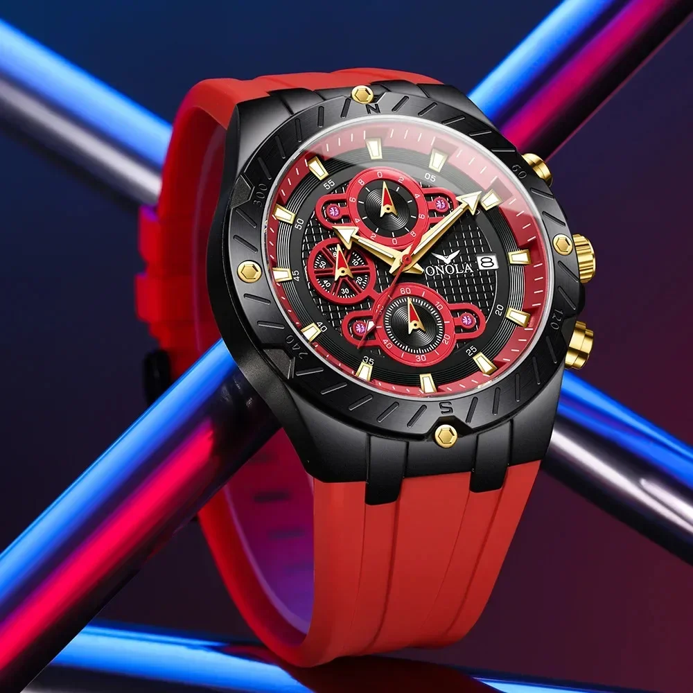 

ONOLA 6857 Quartz Men's Watch Luminous Waterproof Chronograph Calendar Multi Functional Watch Silicone Strap Watches for Men