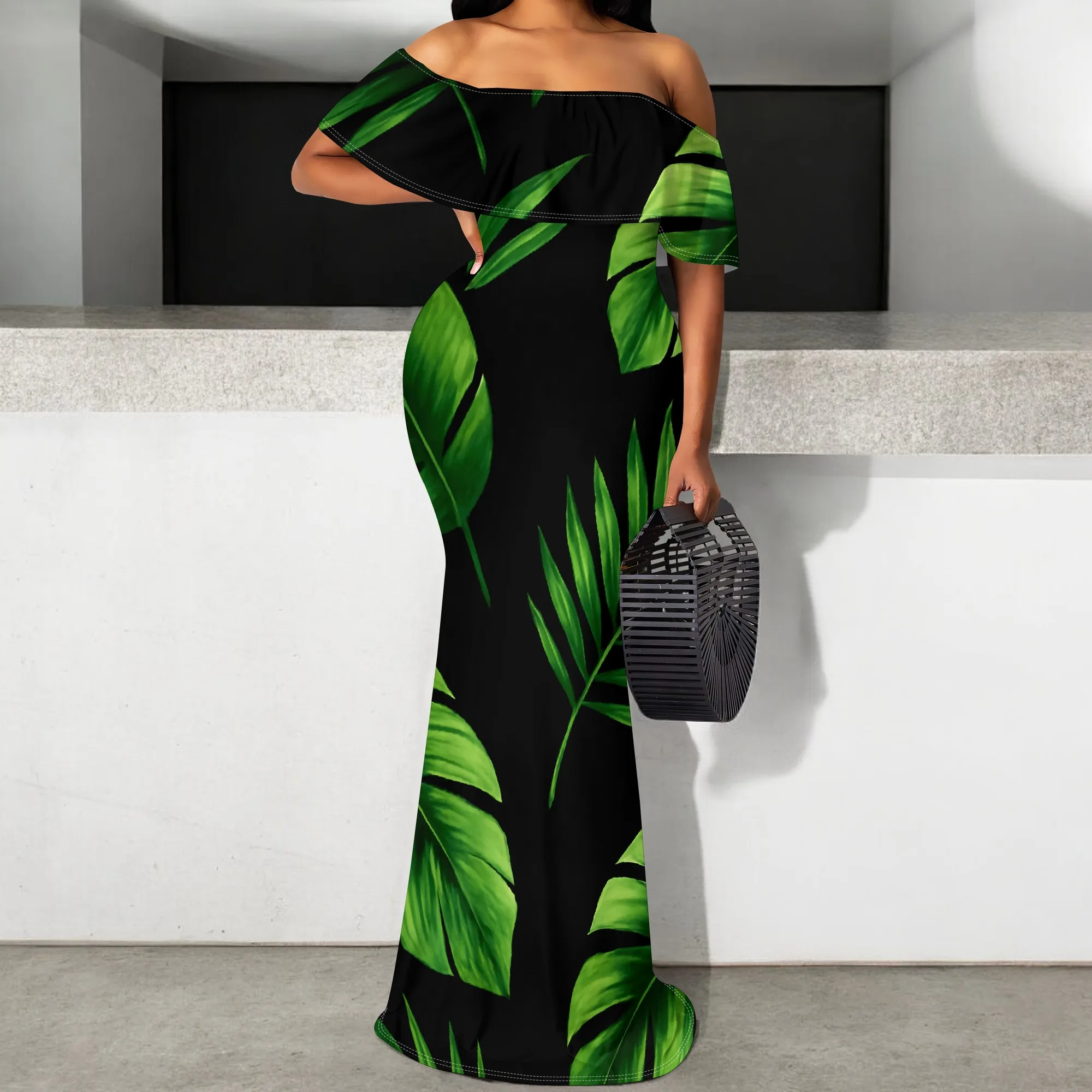 

Black Tropical Leaf Print Maxi Dress S-3XL Off Shoulder Ruffle Style for Beach Vacation, Resort Party or Afro Summer Look