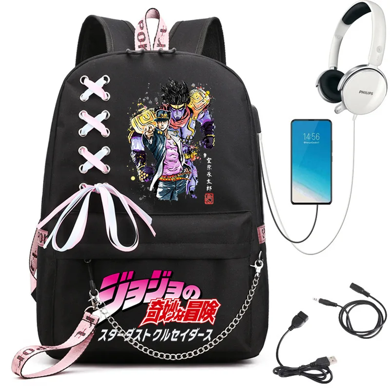 

JOJO's Bizarre Adventure Anime USB Backpack School Book Bags Travel Bags Laptop Chain Headphone Bag Gift