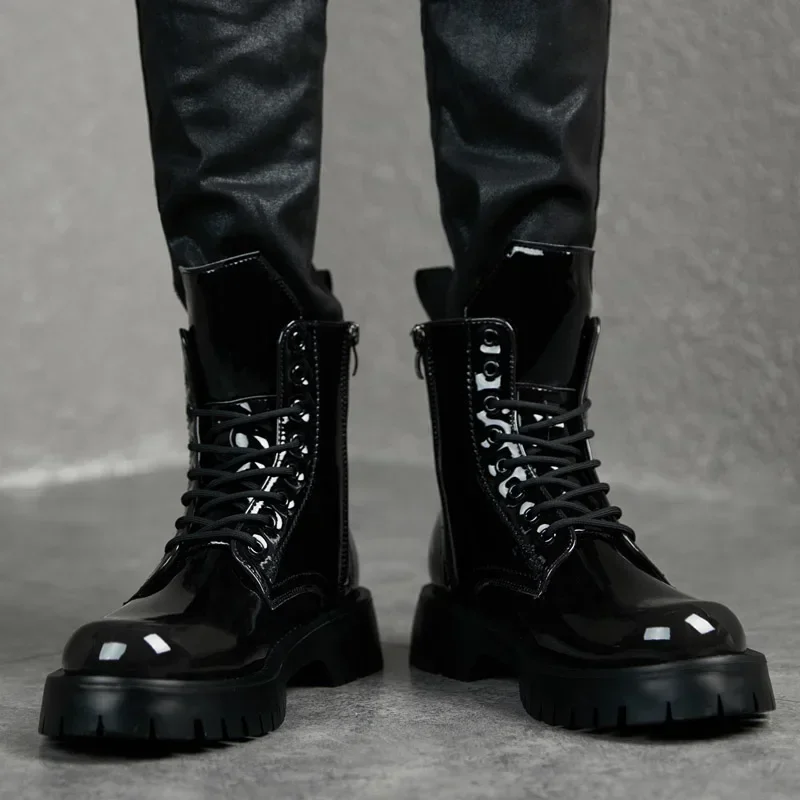 Men Boots High Quality Patent Leather High-top Boots Lace Up Platform Chelsea Boots Classic Black Casual Ankle Boot Botas Hombre