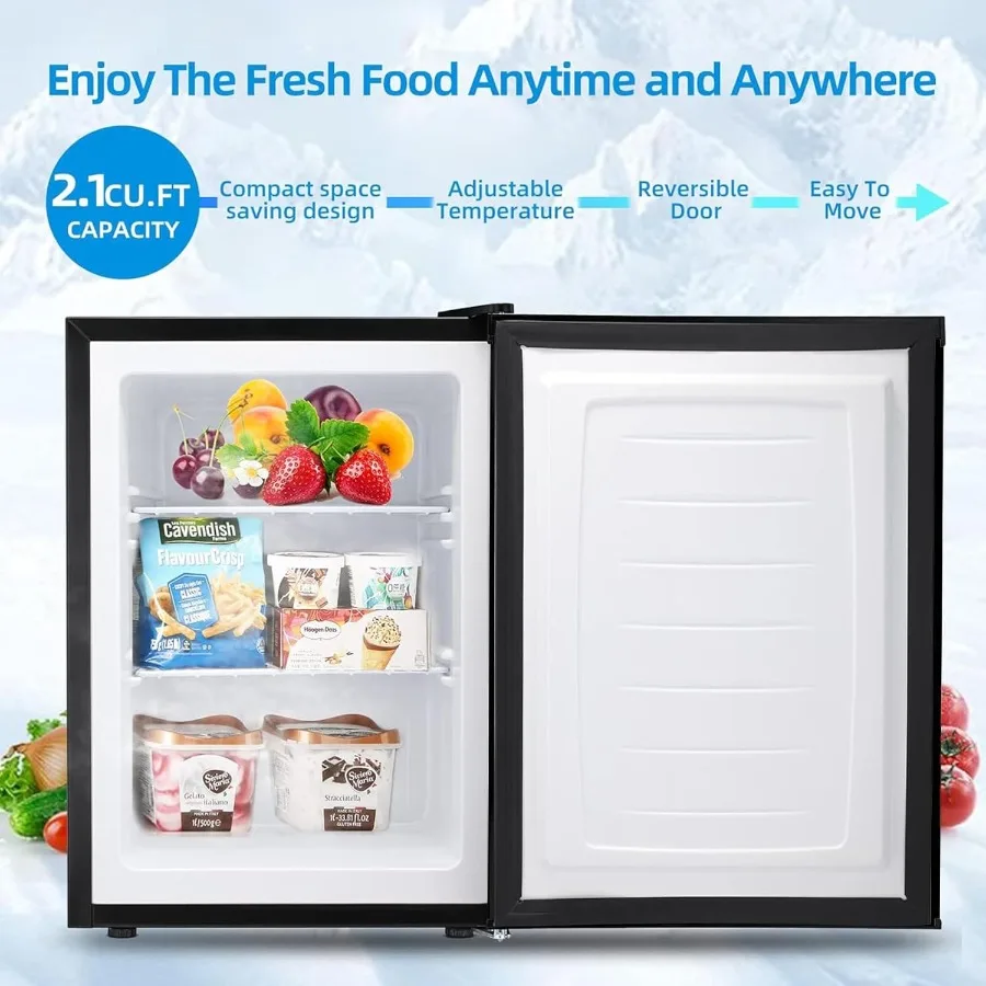 2,1 pés cúbicos pequeno congelador vertical compacto mini freezer com prateleiras removíveis termostato ajustável dobradiça de porta reversível silencioso o