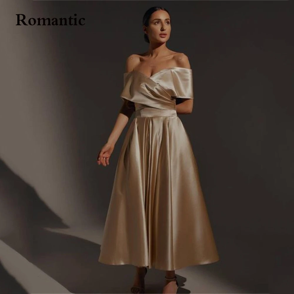 

Romantic Satin Slik A Line Evening Dress Off The Shoulder Tea Length Long Prom Party Gowns Elegant For Special Occasion Vestido