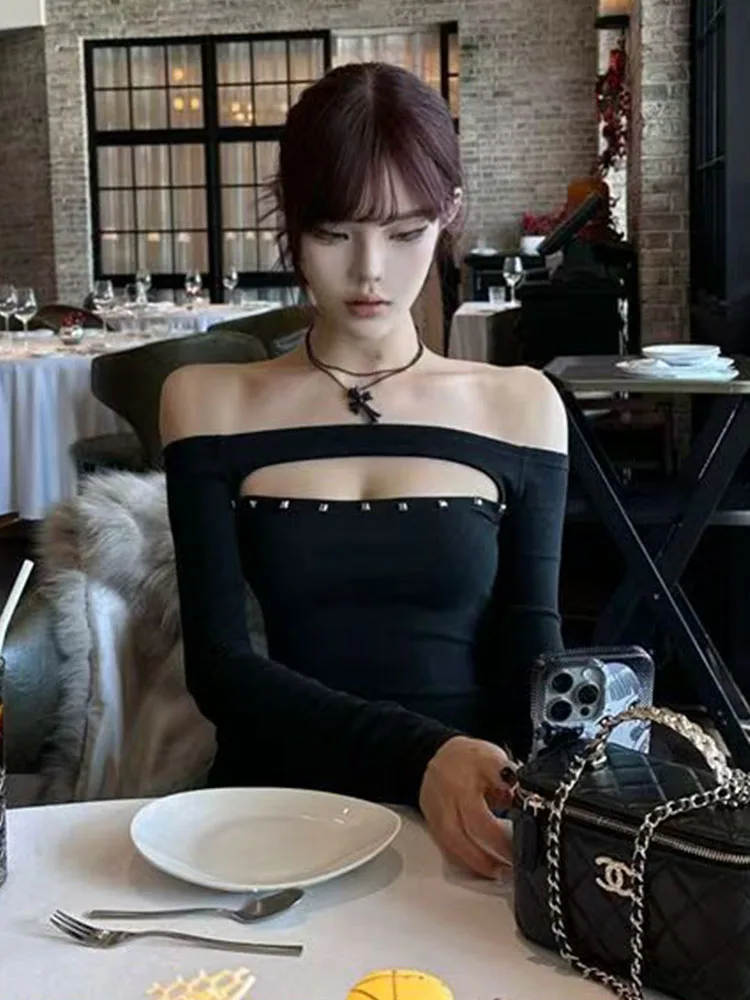 시슬림 리벳 홀 아웃 여성 티셔츠 긴팔 블랙 2000년대 의류 Y2k 슬림 가을 탑 오프숄더 티 여성 의류