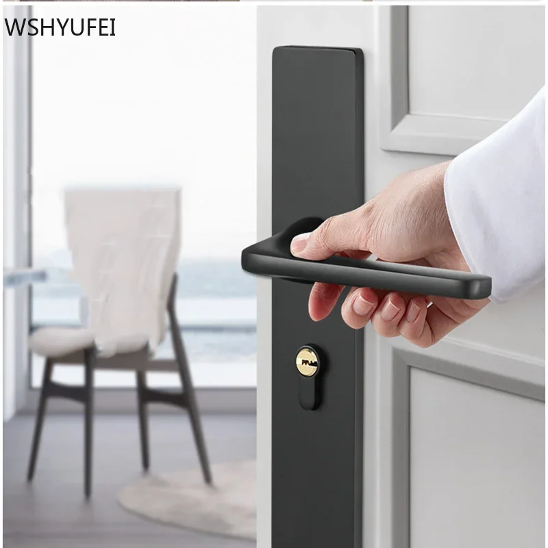 

Modern Interior Bedroom Door Lock Mute Fashion Black Door Handle Aluminum Alloy Lock Core Anti-theft Furniture Hardware