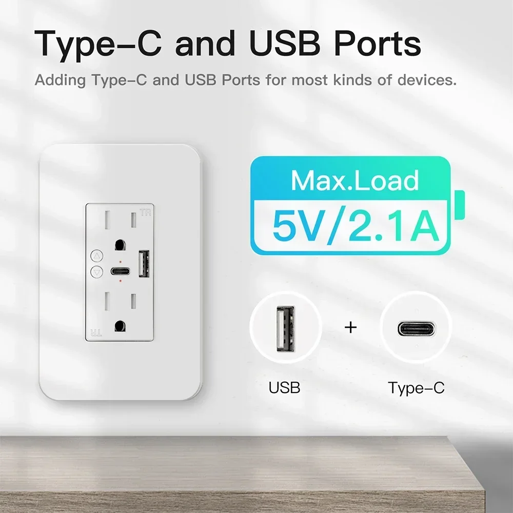 Multi-functional Wall Power US Outlets Wifi Smart USB Type-C Adapter Plug Socket Tuya App Remote Control Alexa Google Home