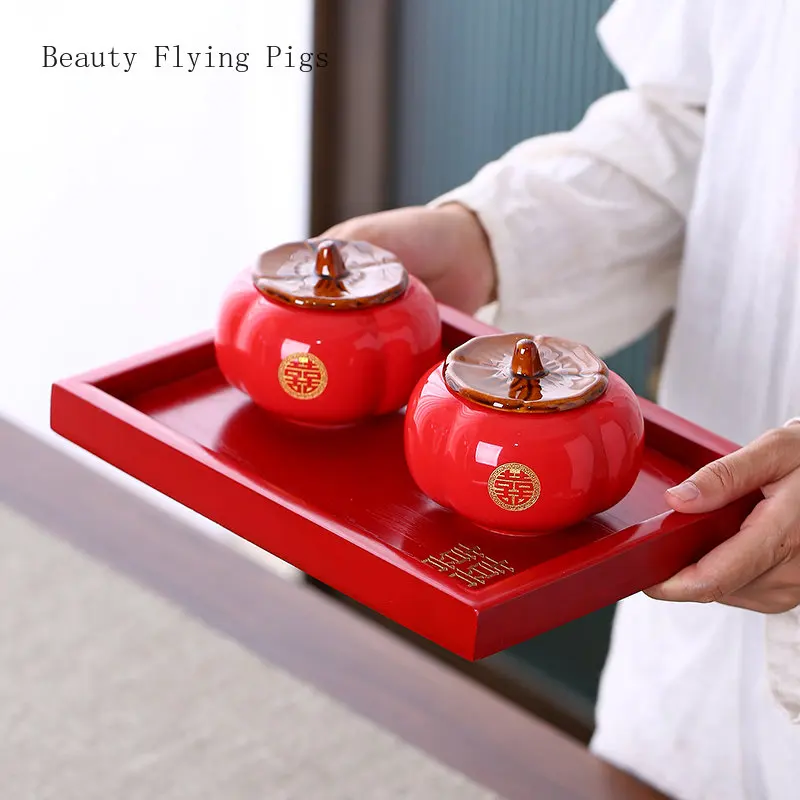 2pc Ceramic tea can sealed storage, red candy can, wedding decoration for newlyweds tea organizer box