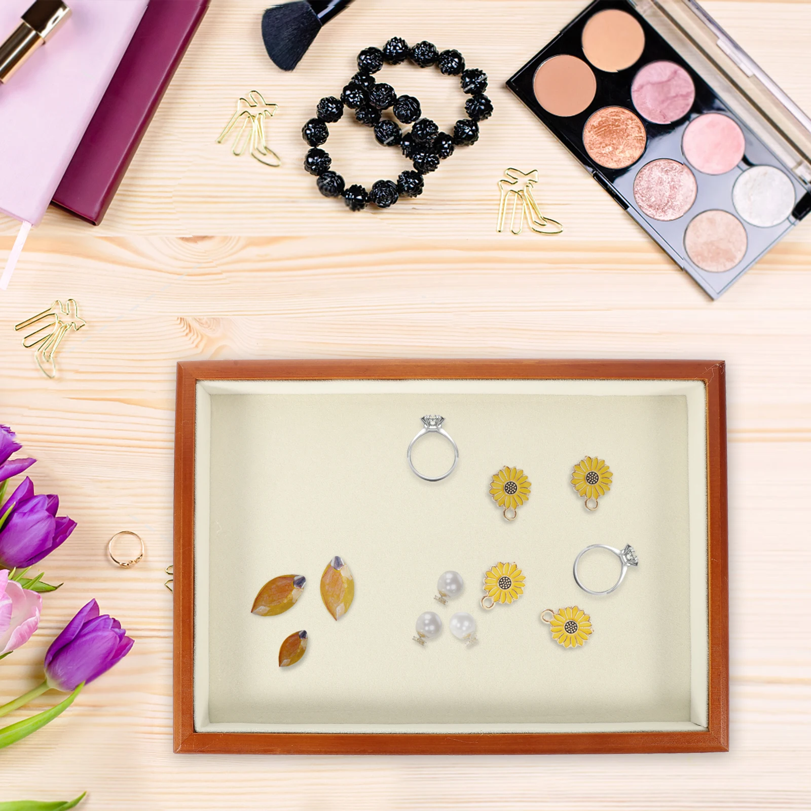 

Поднос для хранения ювелирных изделий из цельного дерева, деревянный поднос с бархатной подкладкой для колец, серег, безделушек, декоративная тарелка, комод для спальни