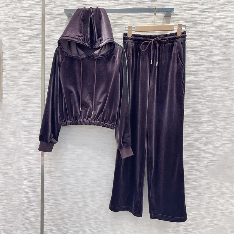 

High-quality drawstring luxury hoodie sweatshirt top + straight-leg loose pants women's two-piece sets 25101310