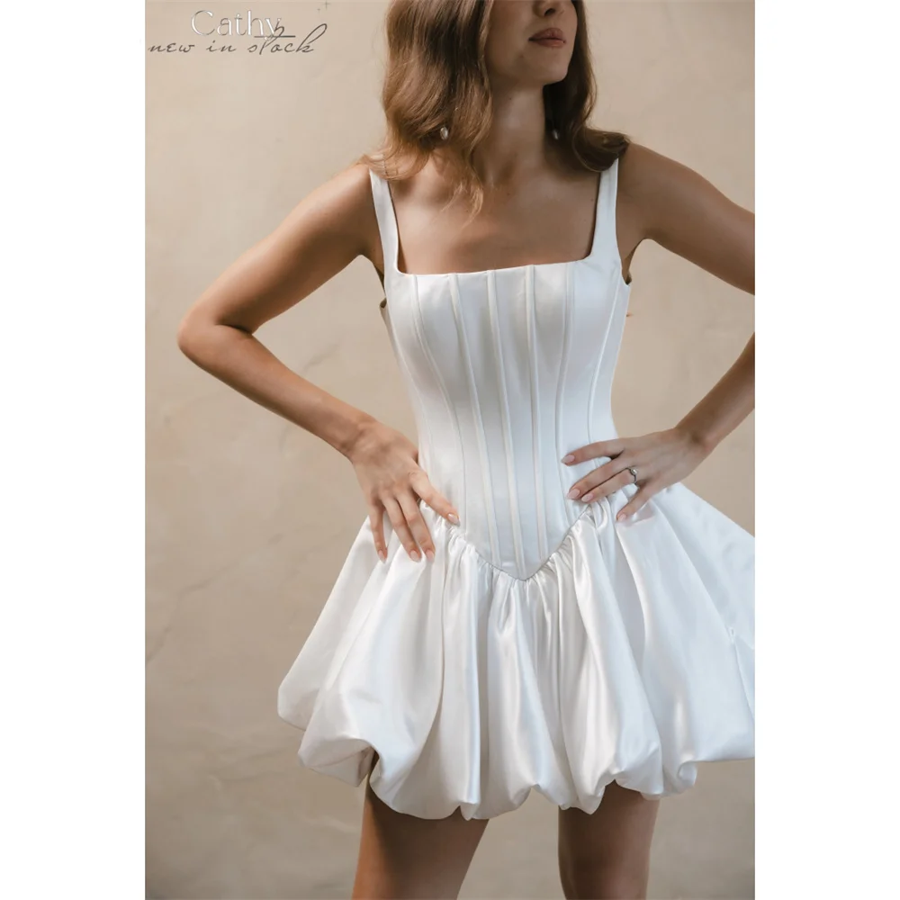 

Cathy Customized White Mini Ball Gown Wedding Dresses Square Collar vestidos de noiva Spaghetti Strap A-Line 2025 Formal Evening