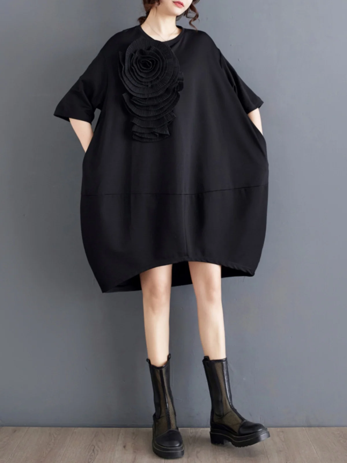 Ele femme ample Midi Dr Floral plissé ort Sve t-shirt jupe Vintage Sle été trajet pièce unique