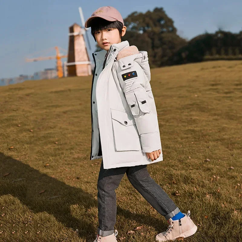 Long Boys Kids Loose Thick White Duck Down Yellow,Green,Black Baby Coat, Children Hooded Padded Jacket Clothes Winter