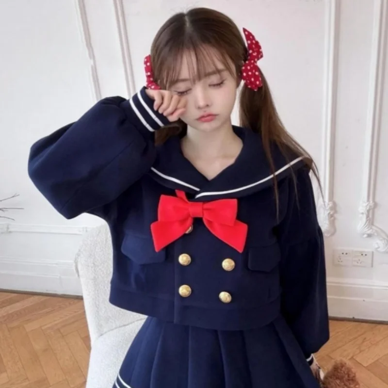 

College Style Sweet Bow Double Breasted Navy Collar Top Pleated Skirt Two-Piece Set Japanese JK Student orm Set Cosplay Costume