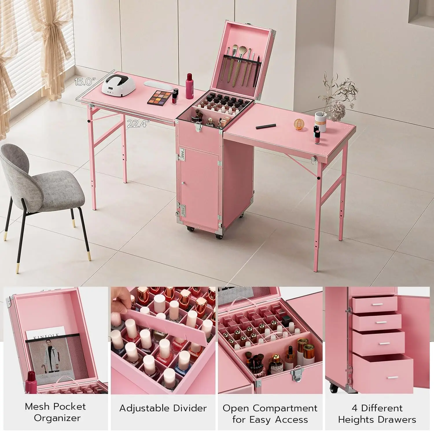 Rolling Manicure Table Makeup Station w/Speaker, Portable Nail Desk for Nail Teach, Foldable Traveling Nail Desk Organizer Cart