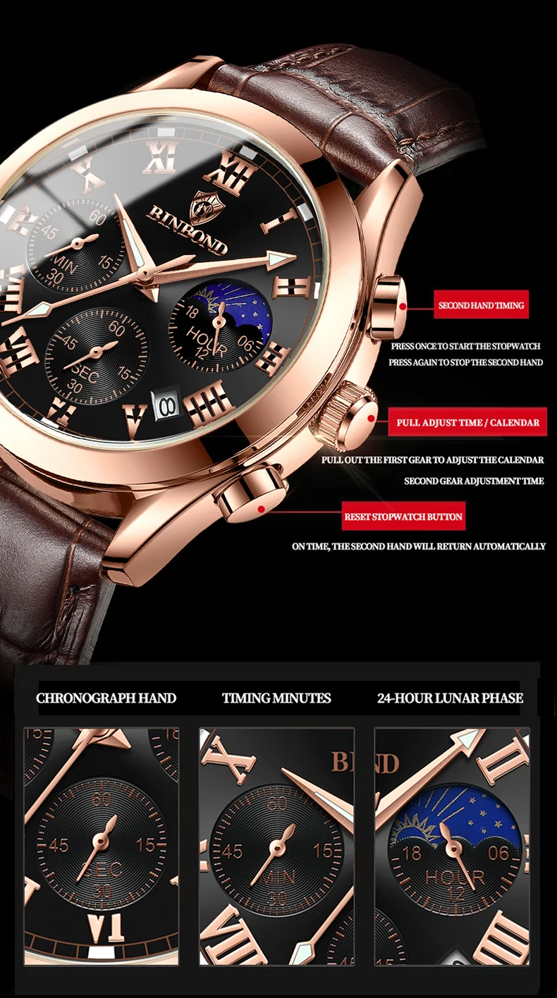ساعة كوارتز جلدية للرجال ، مقاومة للماء ، مضيئة ، كرونوغراف ، الأعمال ، الفخامة ، العلامة التجارية الأعلى ، الموضة ، B0077 ، 30 م