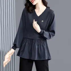 Fashion V-Neck Spliced Shirring Loose Folds Blouse Women Clothing 2022 Autumn New Casual Pullovers Oversized Office Lady Shirt