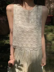 Bling Bling Sequined Tanks Tops Women Fashion Heavy Industry Double-sided Beaded Vest Vacation Leisure Beaded Chiffon Top