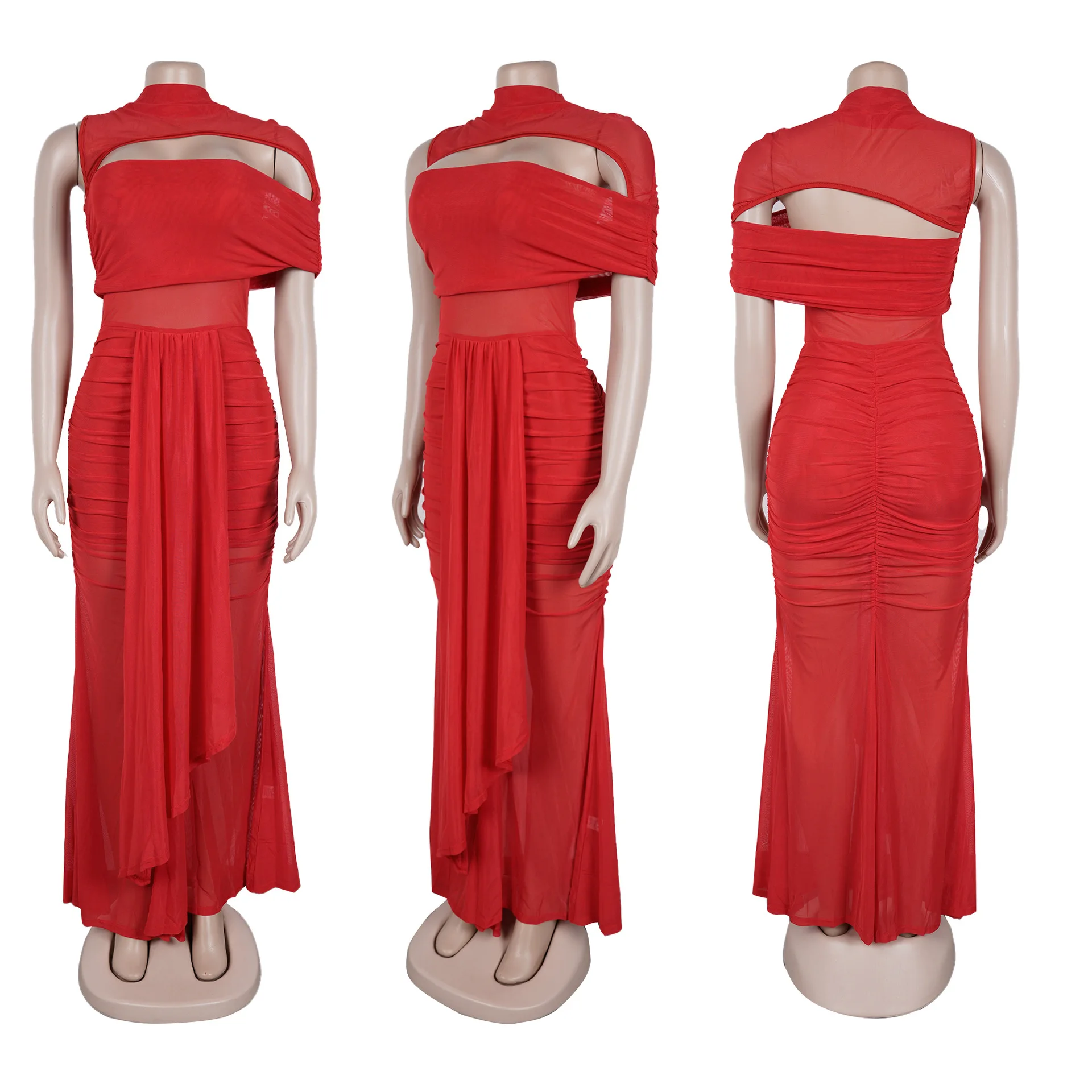 HLJ Sexy See Through Bodycon Long Dresses Women Mesh Irregular Ruched Patchwork Backless Dress Female Party Clubwear Vestidos
