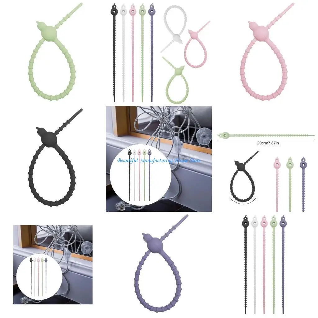 

E56A Pack of 5 Multipurpose Elastic Silicone Wire Ties Practical Cable Management Tie Reusable Rubber Cord Organizers