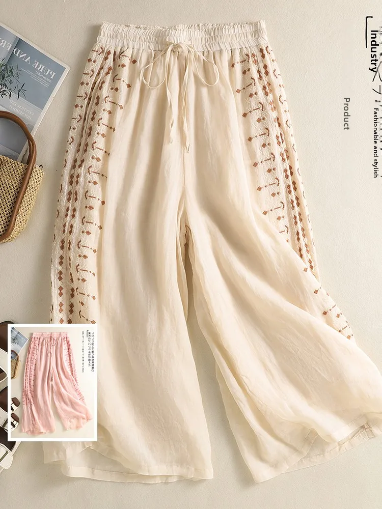 

Ele Embroidered High Waist Wide Leg Pants Loose Fit Summer New Sle Thinming Casual Trousers for plus Size Women