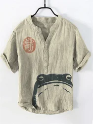2024 New men's linen shirt short sleeved 3D printed frog pattern pullover, Hawaii short sleeved beach men's and women's shirt