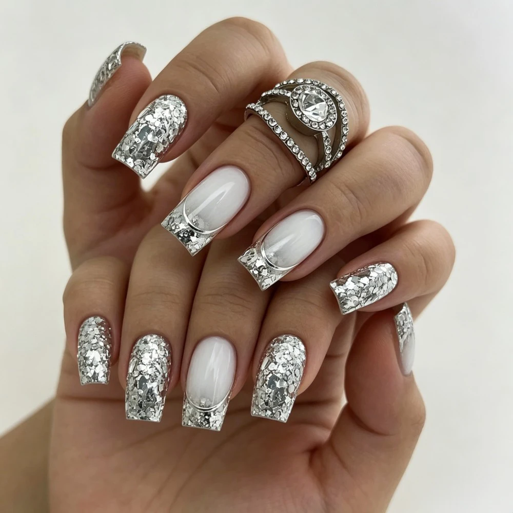 24Pcs Jelly Adhesive Glitter Gradient Design Detachable Fake Fingernails Full Cover Press on Nails Short Square False Nails